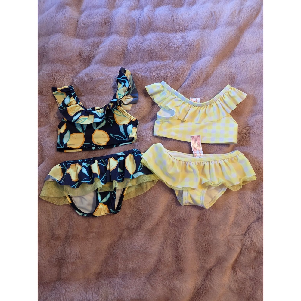Cat and jack baby girls Lemon & Gingham Ruffle Swimsuits 2-Piece Set 12 mos